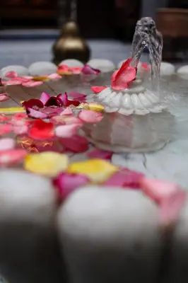 a water fountain with flowers on a table at Riad Alya in Fès
